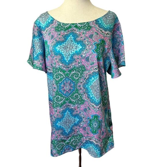Talbots Lightweight Paisley Short Sleeve Top with Open Criss Cross Back Medium - Picture 1 of 7